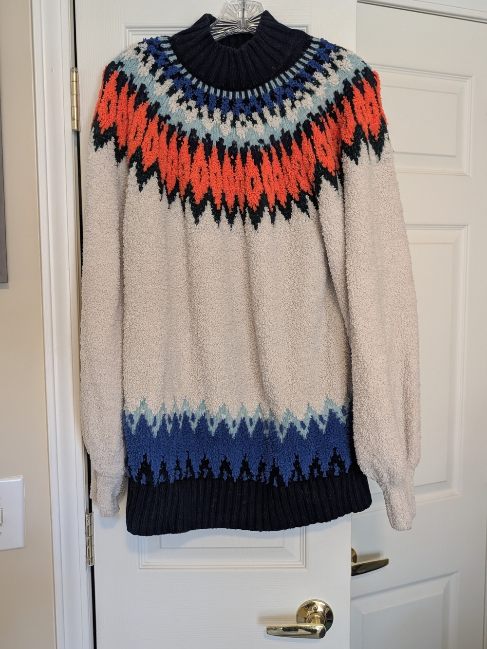 Anthropologie Pilcro Cream Sweater with Orange & Blue Fair Isle Yoke